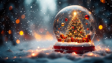 Snow globe with Christmas tree and gifts on snow. 3D renderingの素材