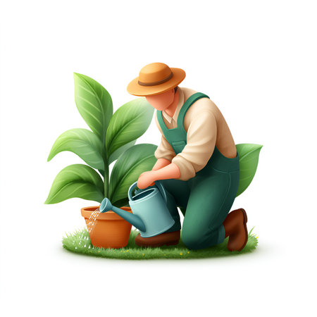 Gardener with watering can and plants isolated on white background. Vector illustration.の素材
