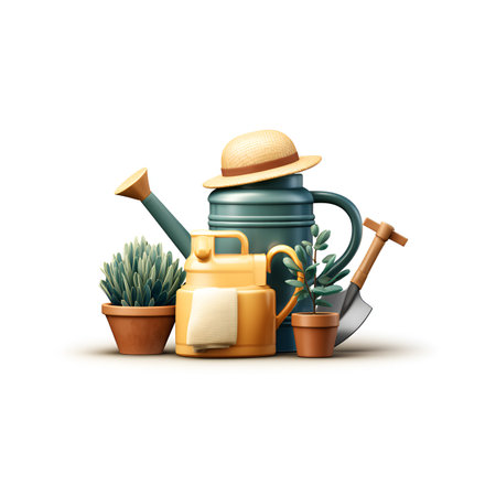 Gardening tools. Watering can, watering can, shovel, cactus, succulent in pot. Vector illustrationの素材