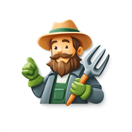 Farmer with pitchfork and hat. Vector illustration on white background.の素材