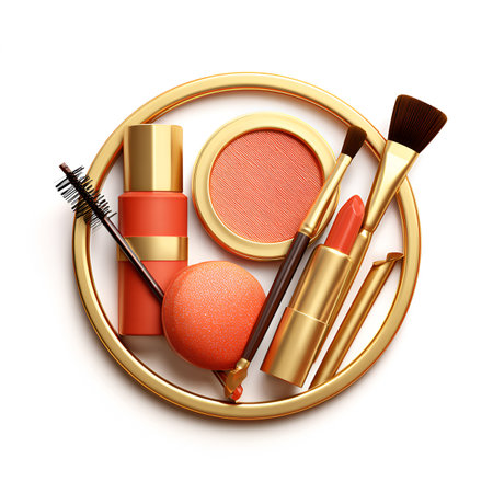 Makeup products in golden circle isolated on white background. 3d illustrationの素材