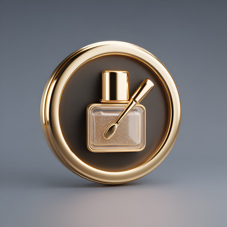 Golden nail polish bottle icon isolated on gray background. 3D rendered digital illustration.の素材