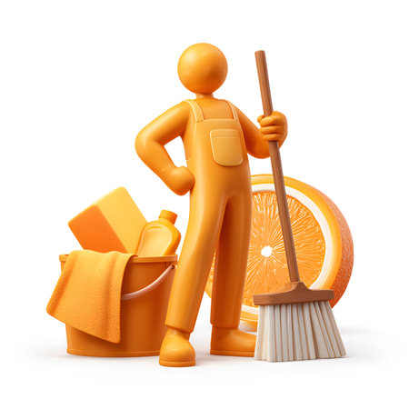 Orange cartoon character with cleaning tools on a white background. 3d illustrationの素材