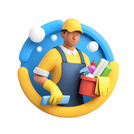 Cleaning Service. Man with Cleaning Equipment. 3d Renderの素材