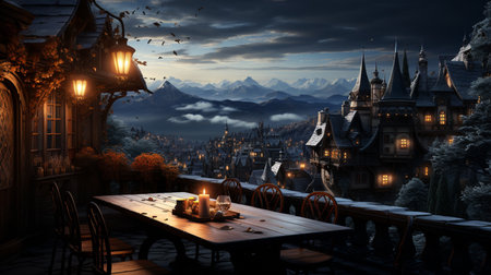 Fantasy landscape with castle in the night. 3D rendering.の素材