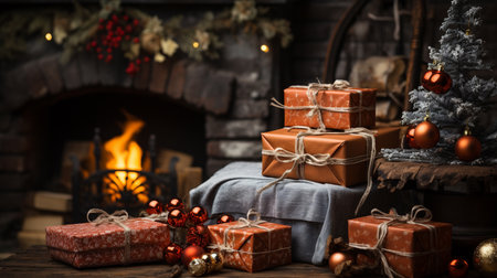 Christmas presents on wooden table in cozy living room with fireplace and christmas tree.の素材