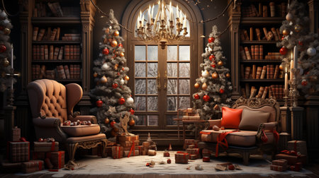 Christmas interior with Christmas tree, fireplace and armchair. 3D rendering.の素材
