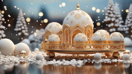 3D illustration. White Christmas baubles on a golden tray in the snow.の素材