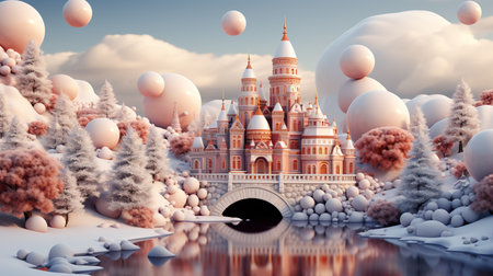 Winter wonderland with a magic castle. 3d render illustration.の素材
