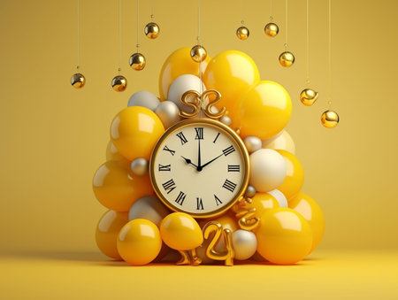 3d rendering of golden clock and balloons on a yellow background.の素材