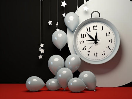 3d rendering of a clock and balloons on a black background.の素材