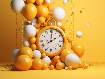 Yellow wall clock with balloons and confetti. 3D rendering.の素材