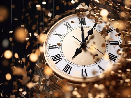 Clock face and golden confetti on black background. New Year conceptの素材