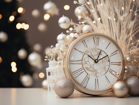 Christmas and New Year background with clock and bokeh lights.の素材