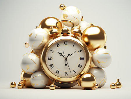 Golden alarm clock with christmas balls on a white background. 3d renderingの素材
