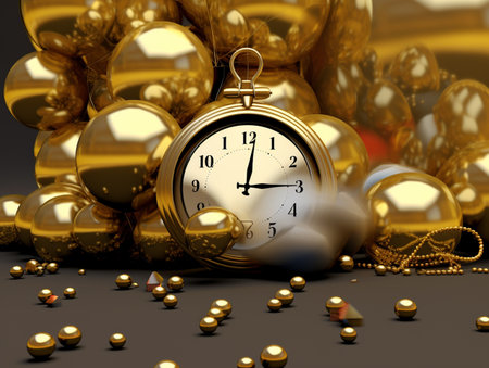 3d illustration of golden christmas balls over black background with clockの素材