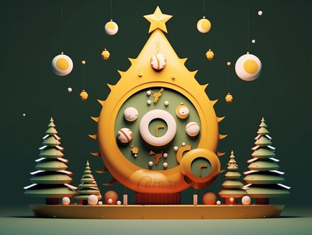 Christmas tree and clock on green background. 3D illustration. Vintage style.の素材
