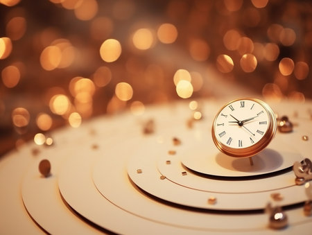 Gold clock on a golden background with bokeh. 3d renderingの素材