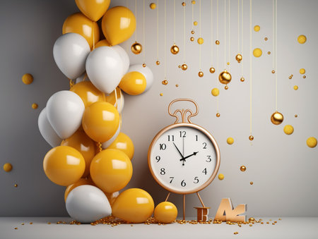 3d illustration of golden alarm clock and yellow balloons on gray backgroundの素材