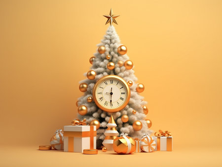 3d render of christmas tree with clock and gifts on orange backgroundの素材