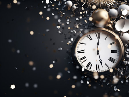 New Year's Eve or Christmas background with golden alarm clock and silver confetti. 3D Renderingの素材