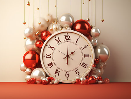 3d rendering of red and white christmas balls and clock on wallの素材