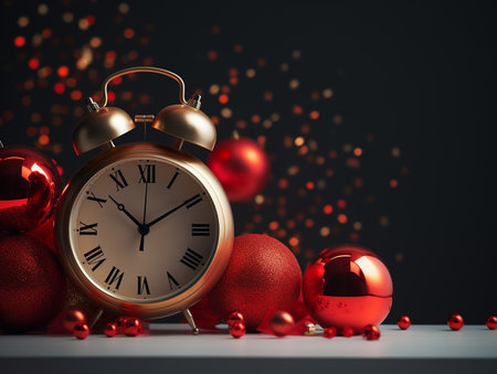 Alarm clock and Christmas baubles on black background. 3D Renderingの素材