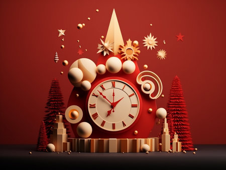 Christmas background with clock and christmas tree. 3D illustration.の素材