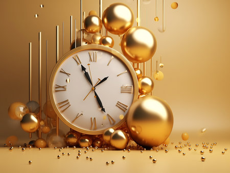 3d render of golden clock with gold balls and confetti.の素材