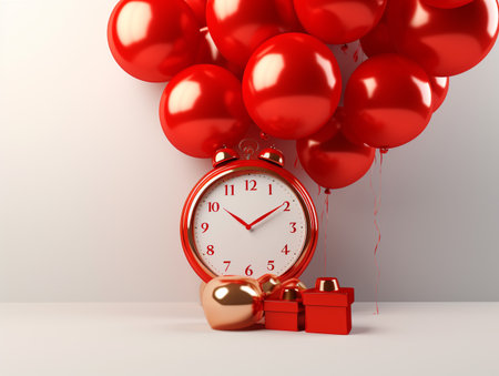 3d rendering of a red alarm clock with gifts and red balloonsの素材