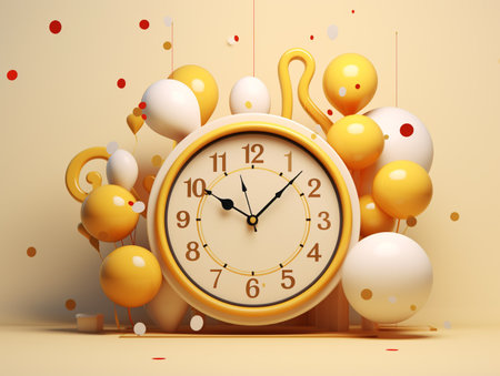 3d rendering of a clock with balloons and confetti on a yellow backgroundの素材