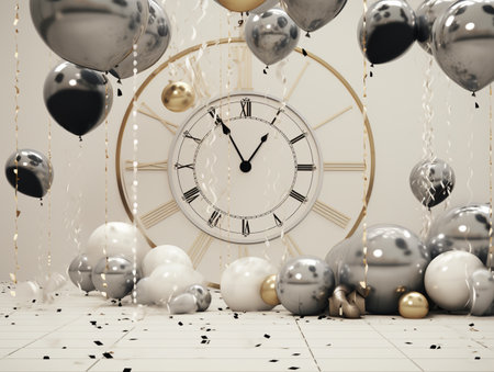 3d rendering of a clock face with silver balloons and confettiの素材