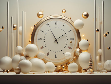 3d rendering of a golden wall clock and white christmas ballsの素材