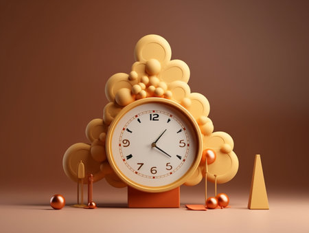 3d render of christmas tree with clock in orange background.の素材