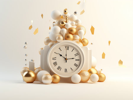 New Year and Christmas background with clock and golden balls. 3D renderingの素材