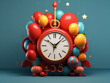 3d rendering of red clock with balloons on blue wall background.の素材