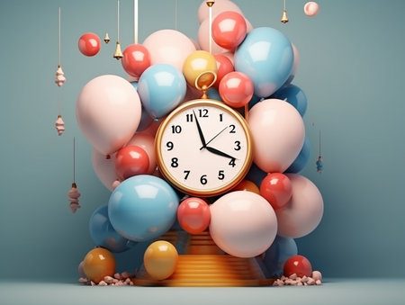 3d rendering of a vintage clock on a blue background with balloonsの素材