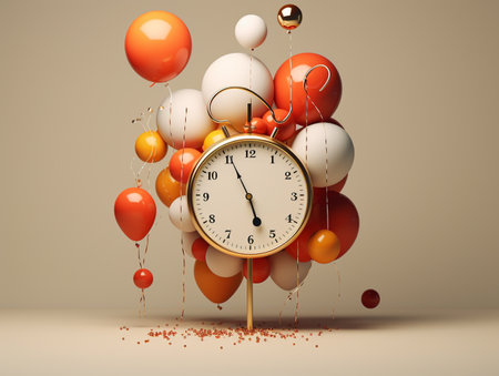 3d rendering of a clock with orange and red balloons in the backgroundの素材