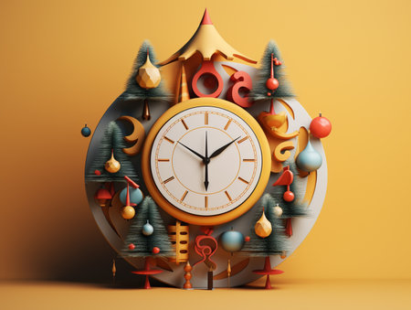 Christmas tree with clock on yellow background. 3d render illustration.の素材