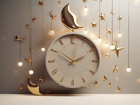 3d rendering of a clock with golden stars and moon on the wallの素材