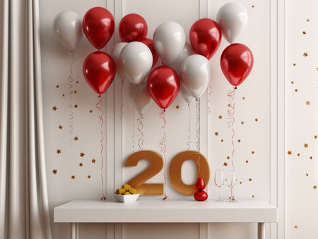 Number 20 with red and white balloons on a white shelf. 3d renderingの素材