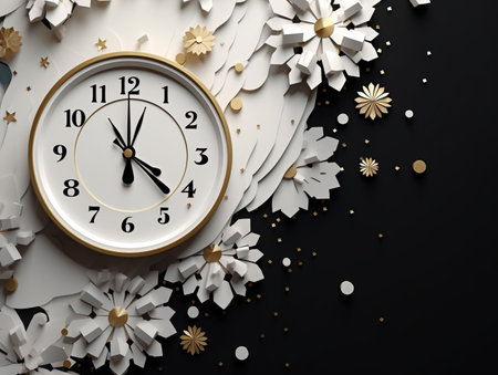 Clock and flowers on black background. Time concept. 3D Renderingの素材