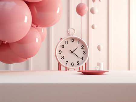 3d rendering of white alarm clock and pink balloons on the tableの素材