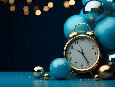 Blue christmas balls and alarm clock on blue background. 3d renderingの素材