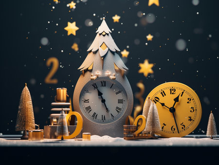 Christmas and New Year background with clock, Christmas tree and decorations.の素材