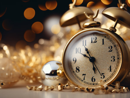 Golden alarm clock and Christmas decorations on bokeh background. New Year concept.の素材