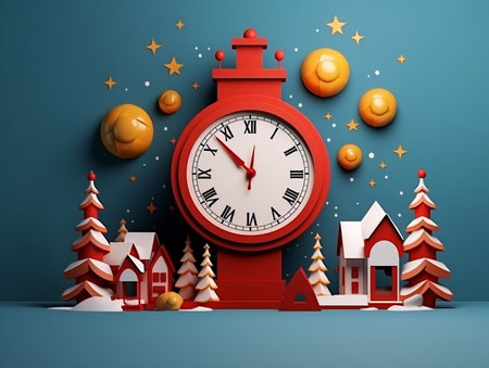 3d illustration of Christmas and New Year background with red clock.の素材