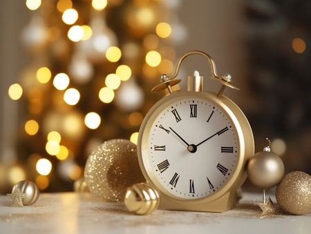 Alarm clock and Christmas decorations on table against blurred festive lights, closeupの素材