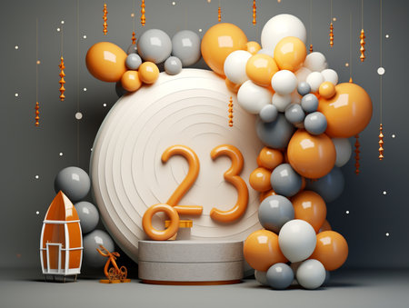 Number 23 gold and white 3d podium display with floating balloons. 3D Renderの素材