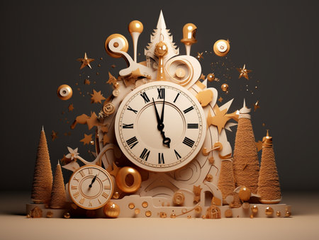 New Year and Christmas background with clock and tree. 3d renderingの素材